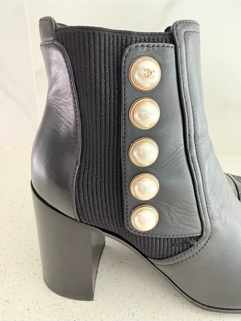 CHANEL  Coco Mark Faux-Pearl Black Leather Ankle Boots